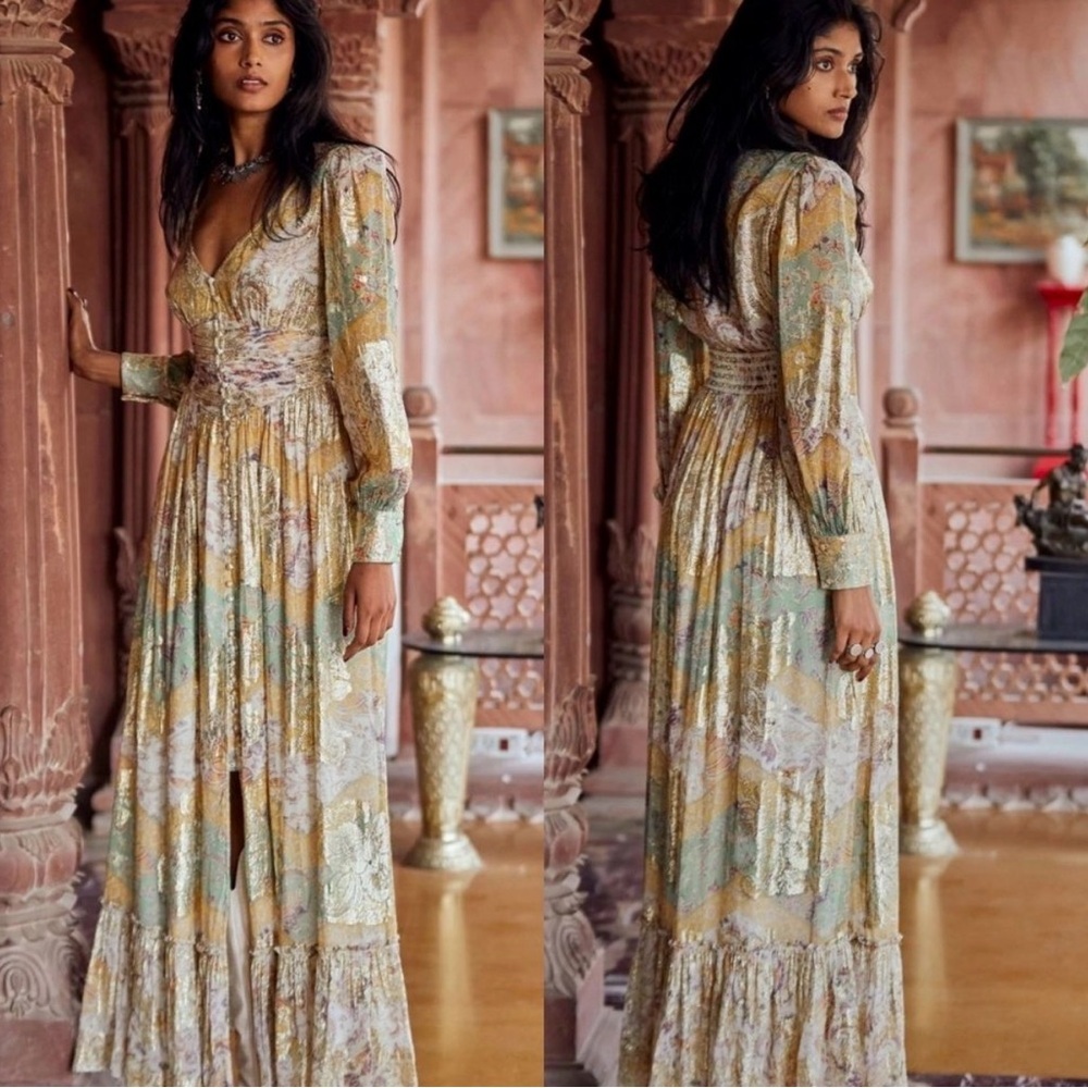 Hemant & Nandita Boho Kalon Gold Green Floral Metallic Maxi Dress Small